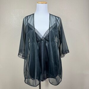 Vintage JC Penney black mesh lingerie set slip and kimono medium D